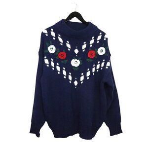 Vintage Cottagecore Sweater 100% Acrylic Floral Embroidered Crew Neck Pullover